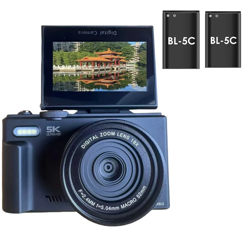 WD08 3.0 Inch HD Flip Screen Digital Camera 5K Video Recorder with 32GB Card (Dual Battery) - Black