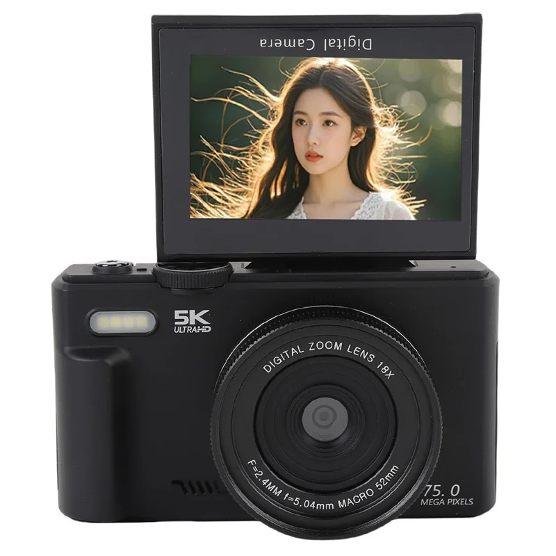 WD08-B-5K WiFi UHD Digitalkamera 5K 75MP 18-facher Digitalzoom 3-Zoll-Klappbildschirm Camcorder mit integriertem Blitz - Schwarz