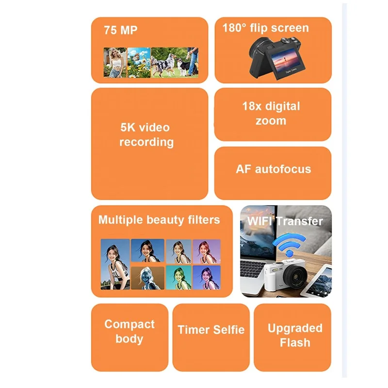 WD08-B-5K WiFi UHD Digitalkamera 5K 75MP 18-facher Digitalzoom 3-Zoll-Klappbildschirm Camcorder mit integriertem Blitz - Schwarz