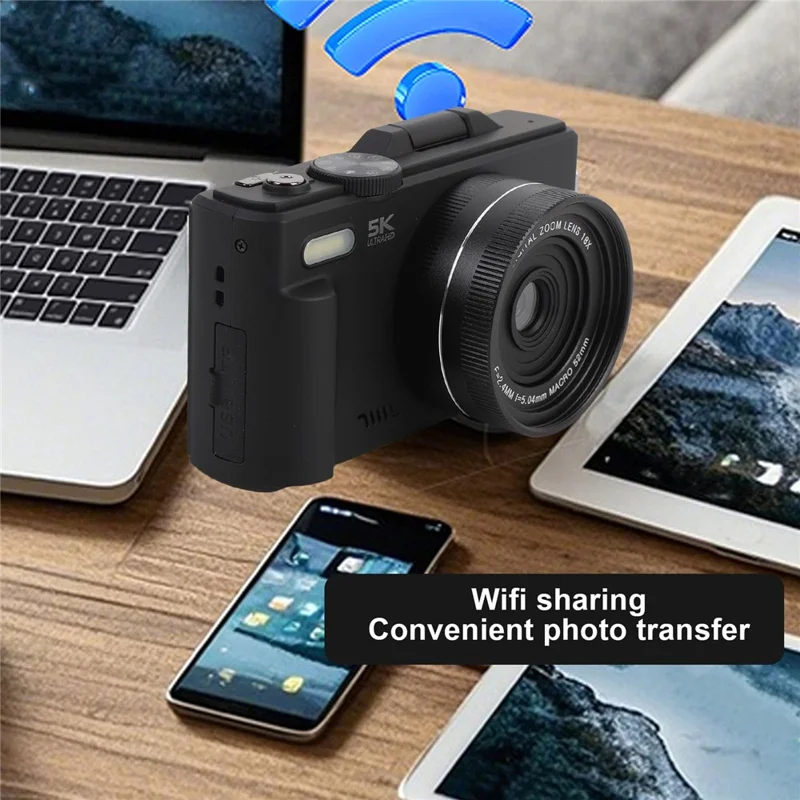 WD08-B-5K WiFi UHD Digitalkamera 5K 75MP 18-facher Digitalzoom 3-Zoll-Klappbildschirm Camcorder mit integriertem Blitz - Schwarz
