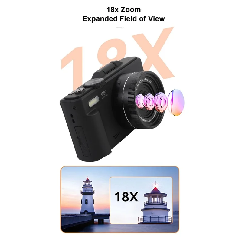 WD08-B-5K WiFi UHD Digitalkamera 5K 75MP 18-facher Digitalzoom 3-Zoll-Klappbildschirm Camcorder mit integriertem Blitz - Schwarz