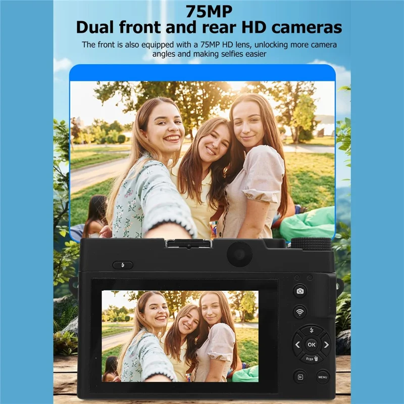 WD07 Dual Lens 4K Digital Camera 18X Zoom WiFi 75MP UHD 3 Inch LCD Screen Photography Camera - Black