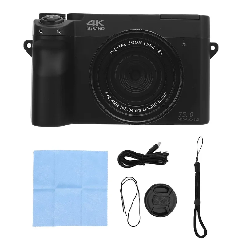 WD07 Dual Lens 4K Digital Camera 18X Zoom WiFi 75MP UHD 3 Inch LCD Screen Photography Camera - Black