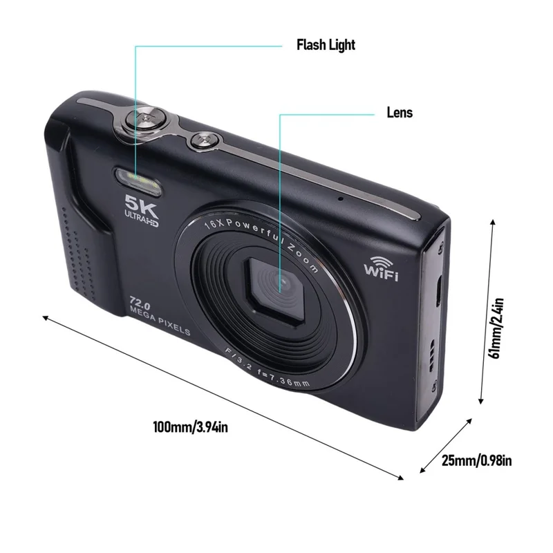 S95 Pro 5K Цифровая камера с 16-кратным зумом, WiFi, 72 МП, 2,8-дюймовым ЖК-экраном для фотосъемки с 32 ГБ карты памяти - Черный