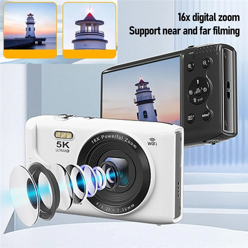 S95 Pro 5K Digital Camera 16x Zoom WiFi 72MP 2.8 Inch LCD Screen Photography Camera with 32GB Memory Card - White