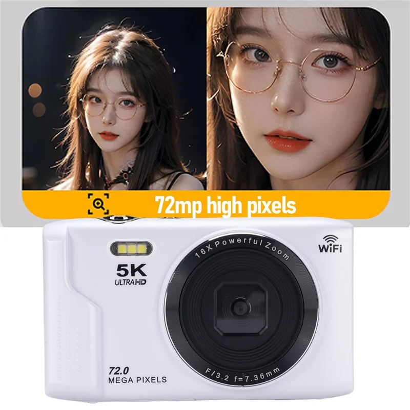 S95 Pro 5K Digital Camera 16x Zoom WiFi 72MP 2.8 Inch LCD Screen Photography Camera with 32GB Memory Card - White