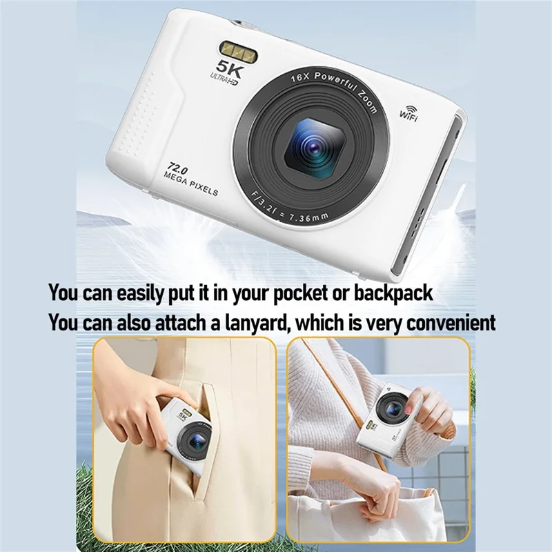 S95 Pro 5K Digital Camera 16x Zoom WiFi 72MP 2.8 Inch LCD Screen Photography Camera with 32GB Memory Card - White