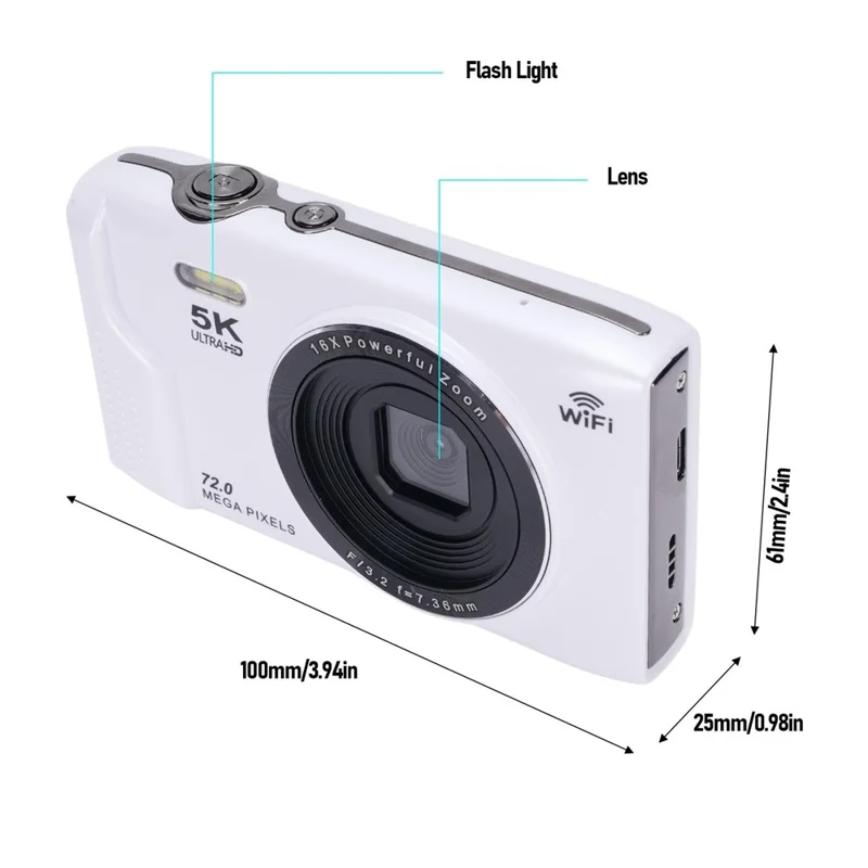 S95 Pro 5K Digital Camera 16x Zoom WiFi 72MP 2.8 Inch LCD Screen Photography Camera with 32GB Memory Card - White