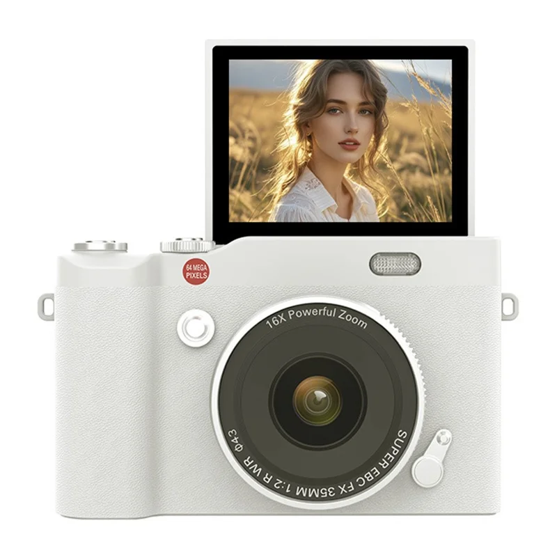 Y02 2.4 Inch Flip Screen Digital Camera for Students Retro CCD Video Recorder with 32GB Card + Card Reader - White