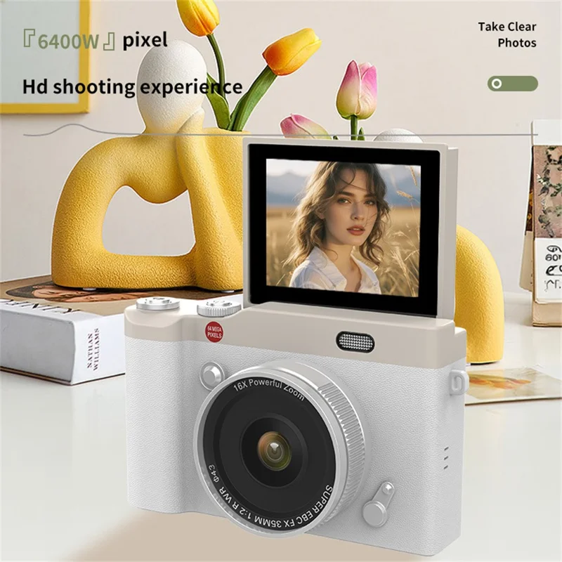 Y02 2.4 Inch Flip Screen Digital Camera for Students Retro CCD Video Recorder with 32GB Card + Card Reader - White