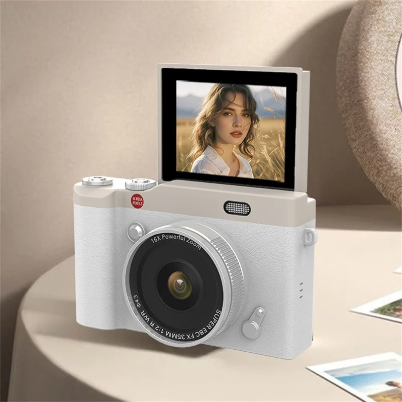 Y02 2.4 Inch Flip Screen Digital Camera for Students Retro CCD Video Recorder with 32GB Card + Card Reader - White