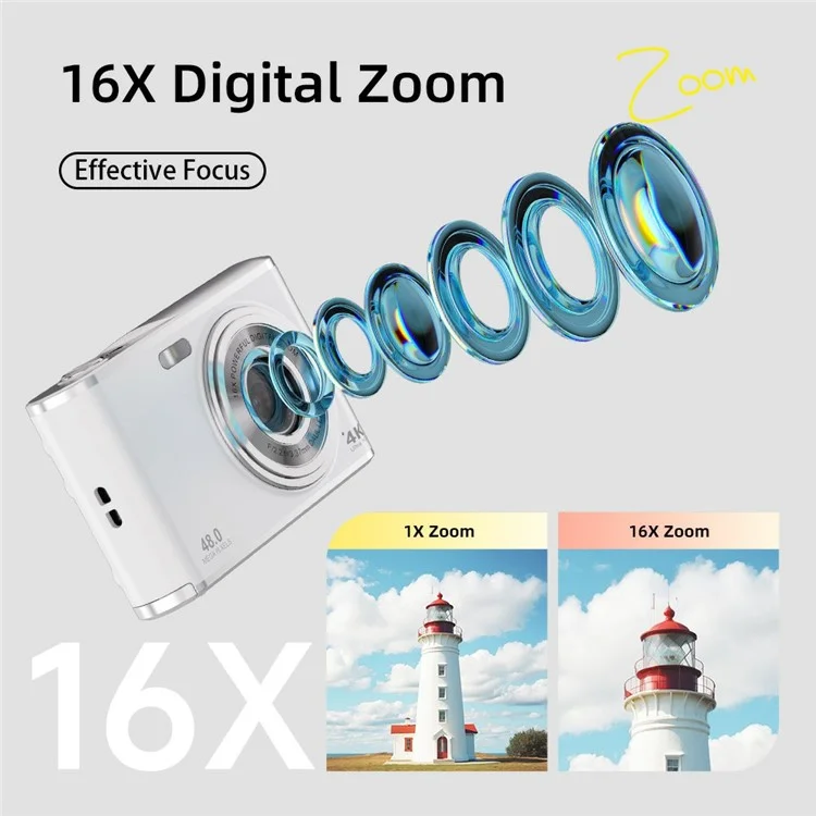DC306L-AF Dual Lens HD Digital Camera Auto Focus 16X Zoom Vlogging Camera for Teens - White