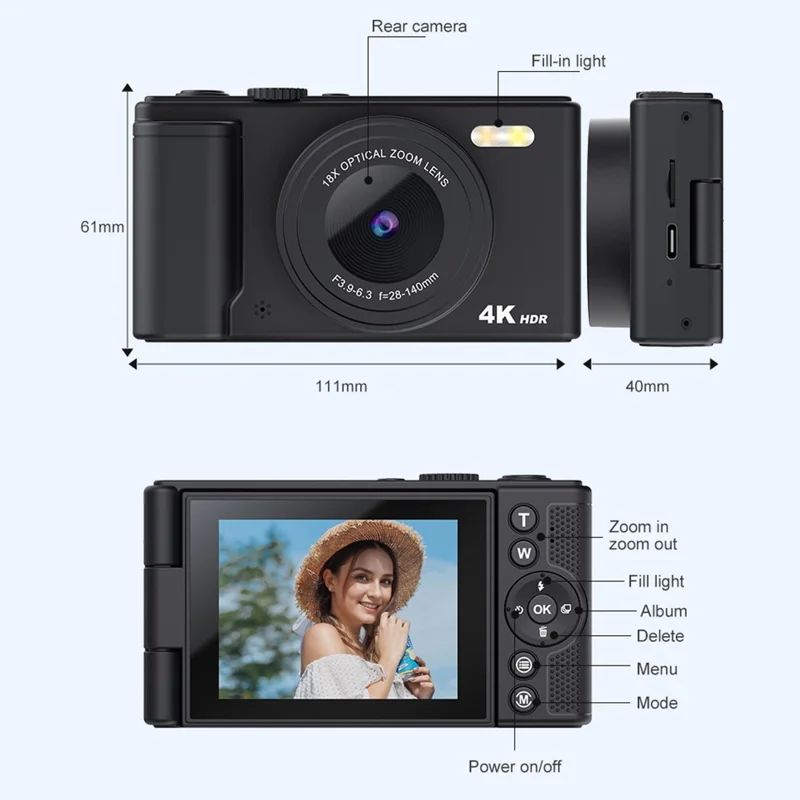 Fotocamera digitale H01 con schermo ribaltabile da 2,8 pollici, zoom 18X, sensore CCD, registrazione video HD - Nero
