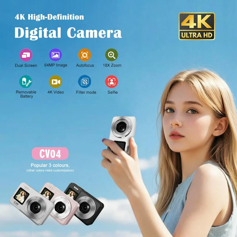 CV04 Portable Digital Camera Dual Screen HD Video Recording CCD Auto Focus Camera with 32G Card + Card Reader - White