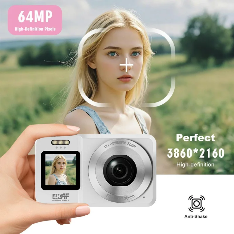 CV04 Portable Digital Camera Dual Screen HD Video Recording CCD Auto Focus Camera with 32G Card + Card Reader - White
