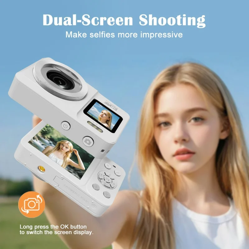 CV04 Portable Digital Camera Dual Screen HD Video Recording CCD Auto Focus Camera with 32G Card + Card Reader - White