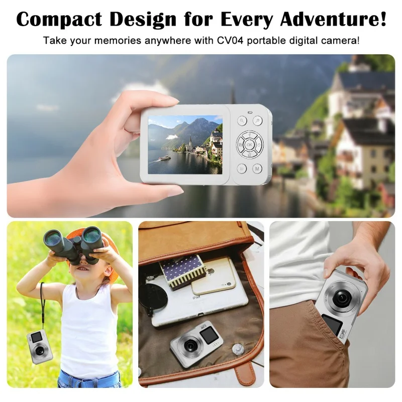 CV04 Portable Digital Camera Dual Screen HD Video Recording CCD Auto Focus Camera with 32G Card + Card Reader - White