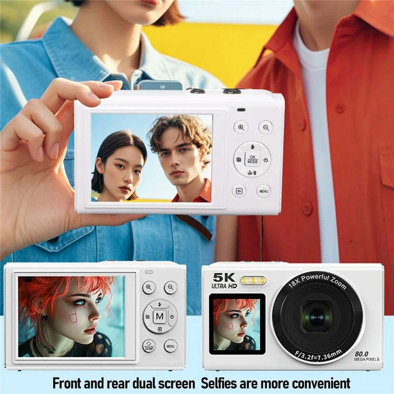 S150 Pro 5K Digital Camera Dual Screen Built-in Flash 18X Digital Zoom 80MP WiFi Camcorder with 32G TF Card - White