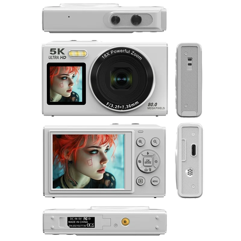 S150 Pro 5K Digital Camera Dual Screen Built-in Flash 18X Digital Zoom 80MP WiFi Camcorder with 32G TF Card - White