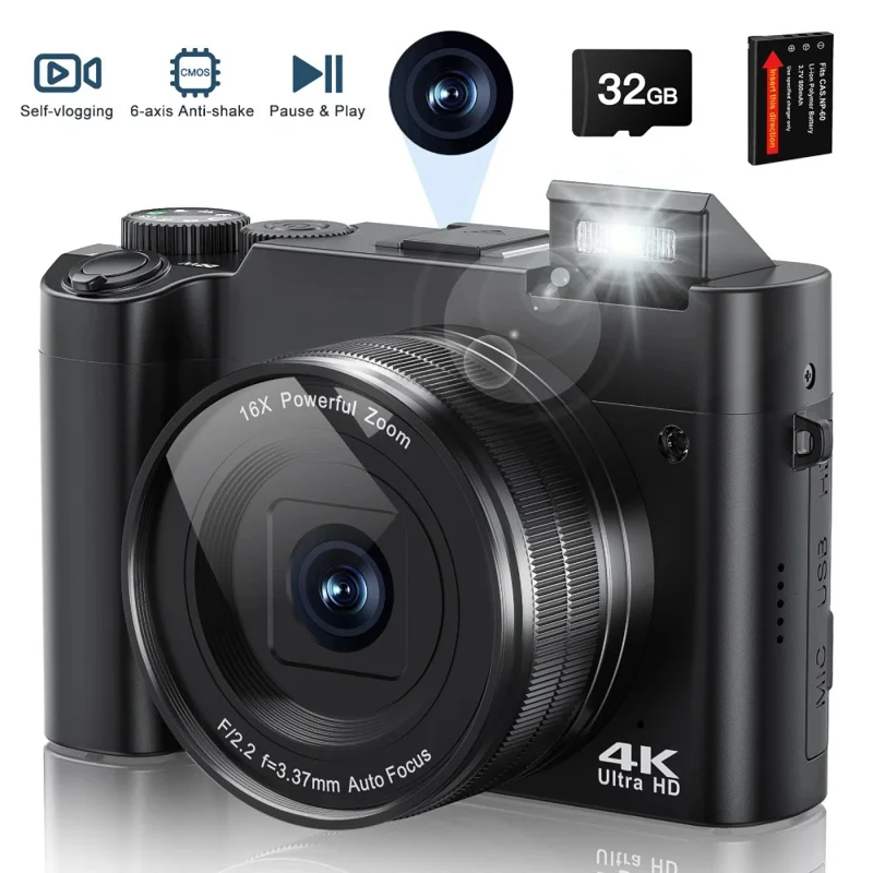 DC101L-AF 4K Digital Camera Home Outdoor Shooting Mirrorless Camera with 32GB Memory Card and Type-C Card Reader - Black