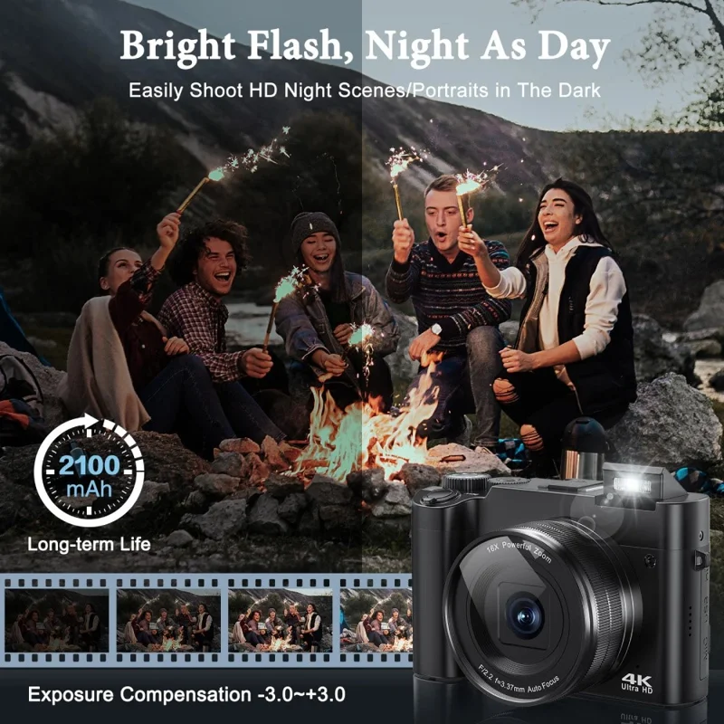 DC101L-AF 4K Digital Camera Home Outdoor Shooting Mirrorless Camera with 32GB Memory Card and Type-C Card Reader - Black