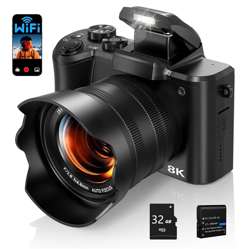 DC226 Students Entry-Level Digital Camera 48MP Sensor 8K HD Video Selfie Camera with 32GB Memory Card - US Plug