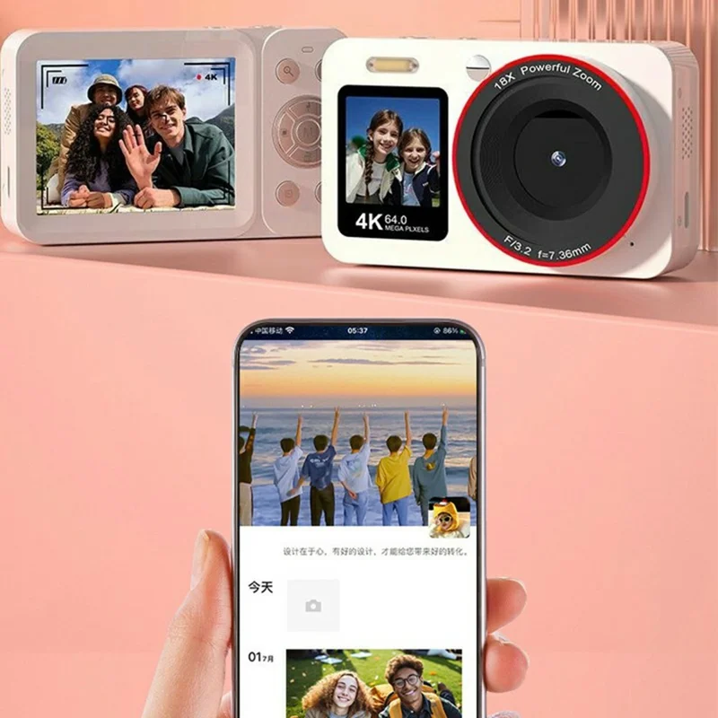 CV01 Appareil photo numérique à double écran 2,8 pouces arrière + 1,4 pouce avant, 4K Ultra HD 64MP CCD Enregistreur photo et vidéo - Blanc