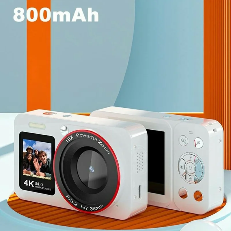 CV01 Appareil photo numérique à double écran 2,8 pouces arrière + 1,4 pouce avant, 4K Ultra HD 64MP CCD Enregistreur photo et vidéo - Blanc