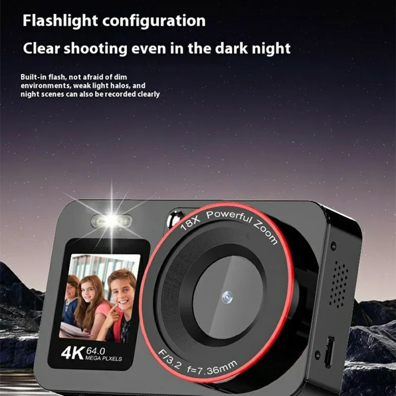 CV01 Appareil photo numérique à double écran 2,8 pouces arrière + 1,4 pouce avant, 4K Ultra HD 64MP CCD Enregistreur photo et vidéo - Blanc