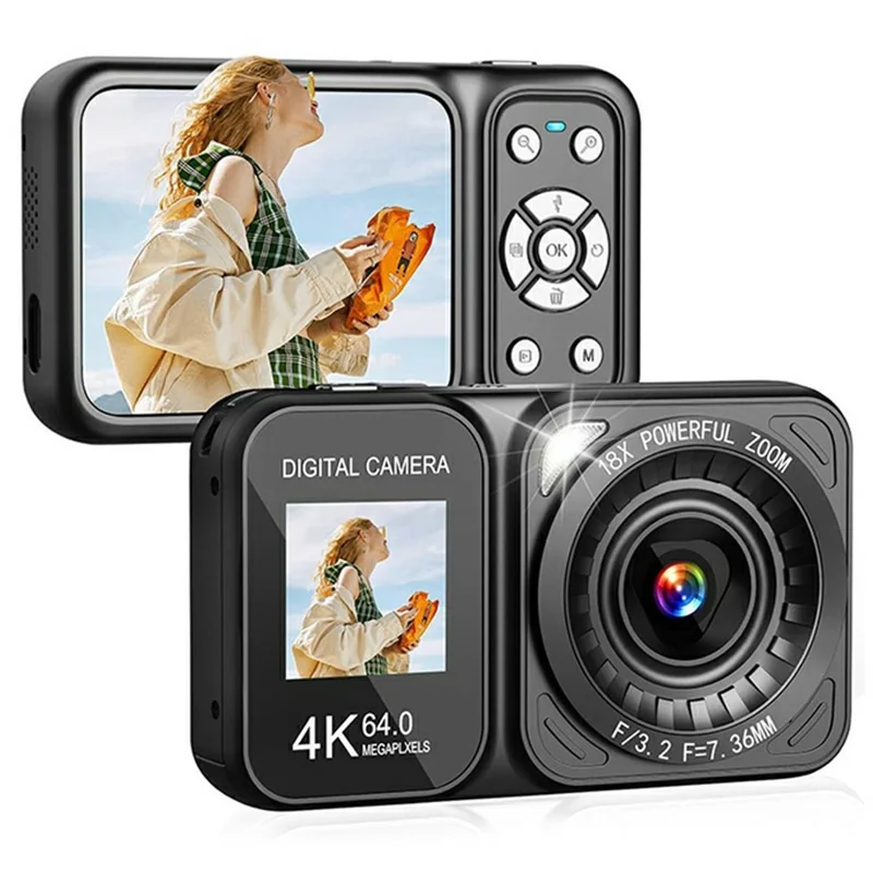 CV02 Digital Camera 2.8 + 1.4 Inch Dual Screen 4K Video Recorder 18X Digital Zoom 64MP CCD, with 32GB Card + Card Reader