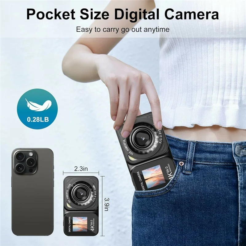 CV02 Digital Camera 2.8 + 1.4 Inch Dual Screen 4K Video Recorder 18X Digital Zoom 64MP CCD, with 32GB Card + Card Reader