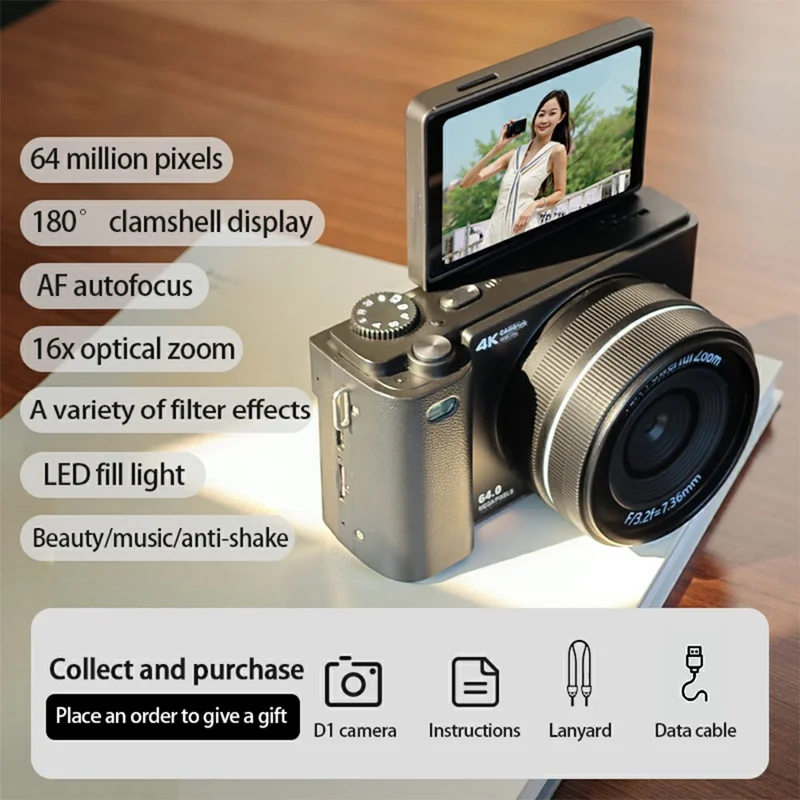 D1 2,8 Zoll Klappbildschirm Tragbare Digitalkamera 16-fach Zoom 4K UHD 64 MP Videoaufnahme Kamera - Schwarz