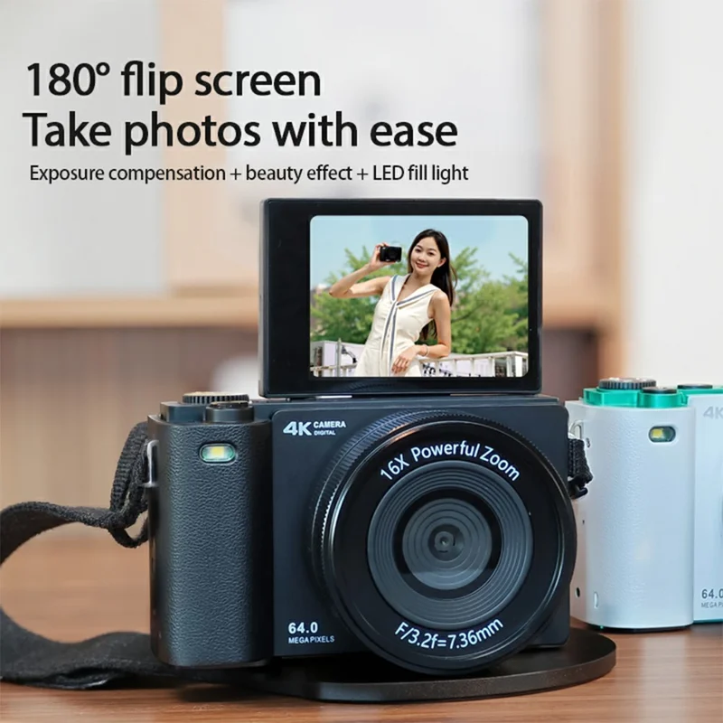 D1 2,8 Zoll Klappbildschirm Tragbare Digitalkamera 16-fach Zoom 4K UHD 64 MP Videoaufnahme Kamera - Schwarz