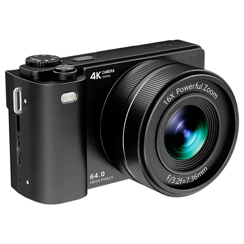 D1 Appareil photo numérique portable à écran rabattable de 2,8 pouces, Zoom 16X, 4K UHD 64MP, Enregistrement vidéo, avec carte de 32 Go + Lecteur de carte - Noir