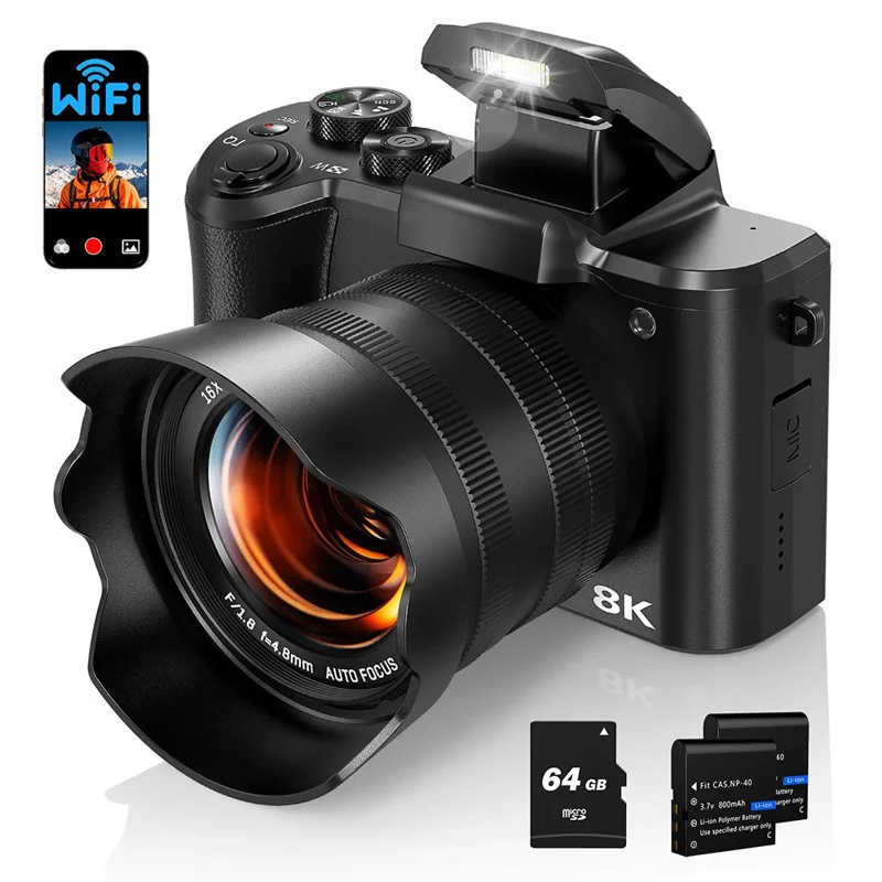 DC226 Students Entry-Level Digital Camera 48MP Sensor 8K HD Video Selfie Camera with 64GB Memory Card - EU Plug