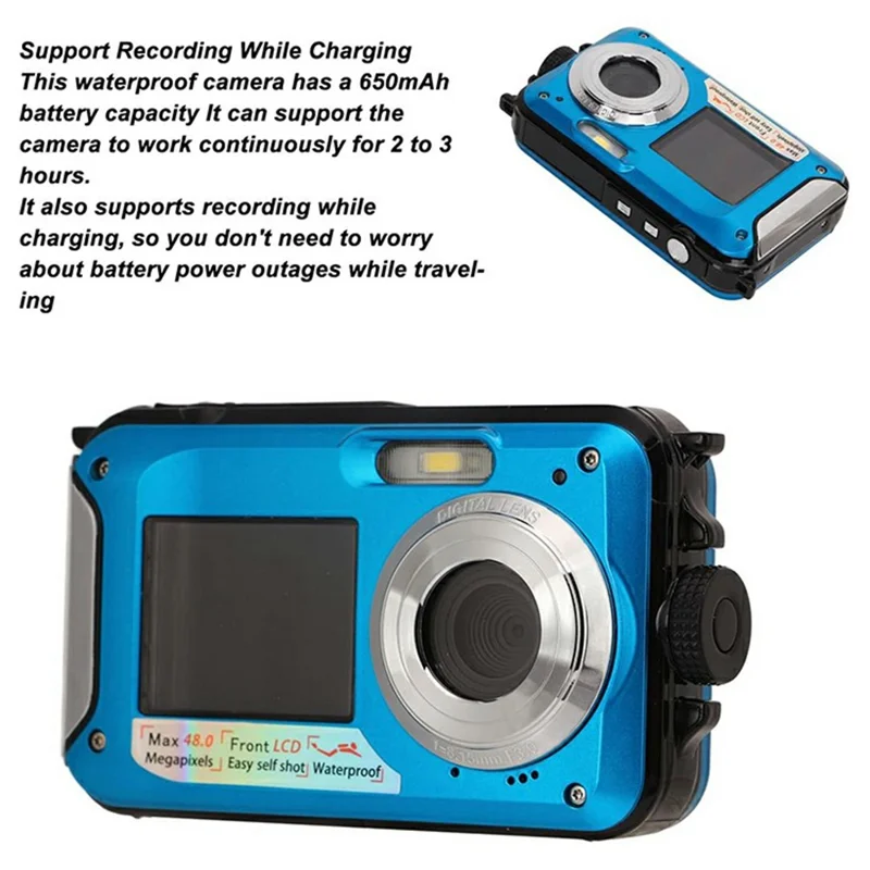 WP06 Appareil photo numérique HD 48MP avec double écran (1,8 pouce à l'avant + 2,7 pouces à l'arrière) pour photographie sous-marine jusqu'à 3m, livré avec carte de 32 Go - Bleu