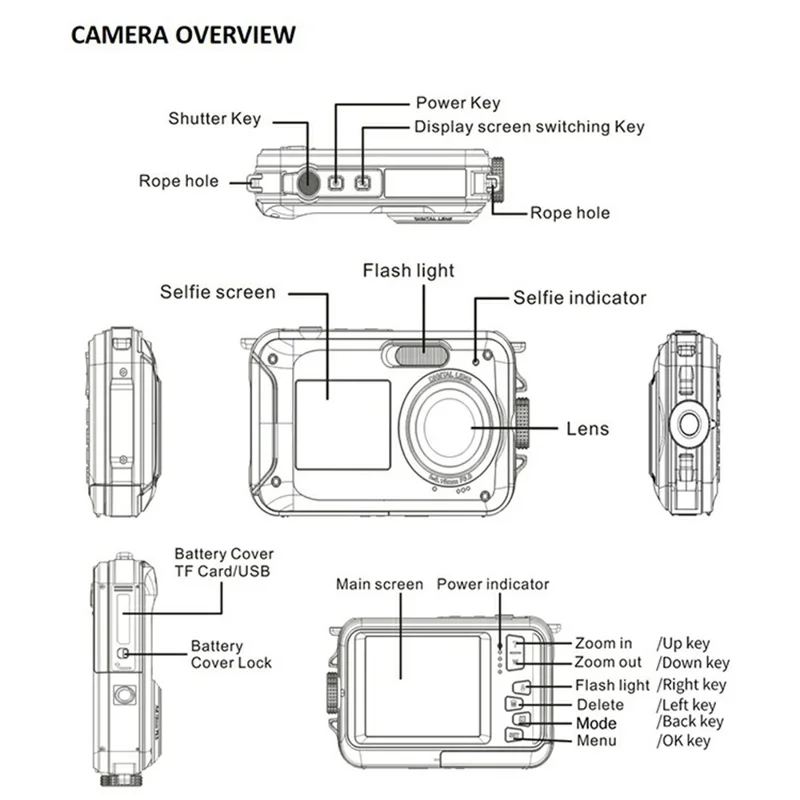WP06 Appareil photo numérique HD 48MP avec double écran (1,8 pouce à l'avant + 2,7 pouces à l'arrière) pour photographie sous-marine jusqu'à 3m, livré avec carte de 32 Go - Bleu