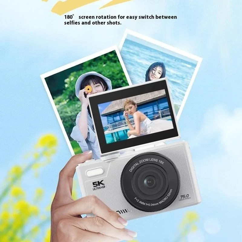 W1 3.0 Inch Flip Screen 18X Digital Zoom Digital Camera 5K Video Recorder with LED Flash - Black