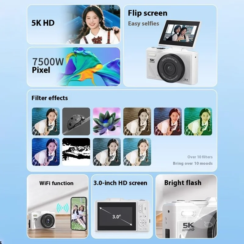 W1 3.0 Inch Flip Screen 18X Digital Zoom Digital Camera 5K Video Recorder with LED Flash - Black