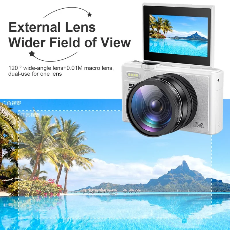 W1 3.0 Inch Flip Screen 18X Digital Zoom Digital Camera 5K Video Recorder with LED Flash, with 32GB Card + Card Reader - Black