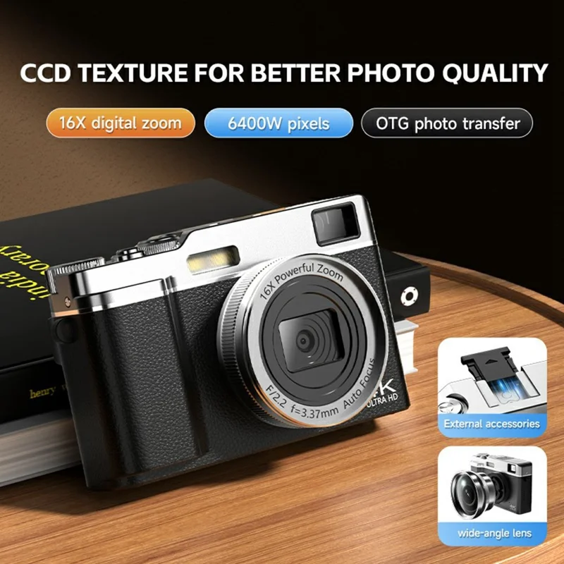 M22 2.8 Inch IPS Screen Portable Digital Camera HD Photo Capture 16X Zoom Retro 4K Video Recorder, with 32GB Card + Card Reader