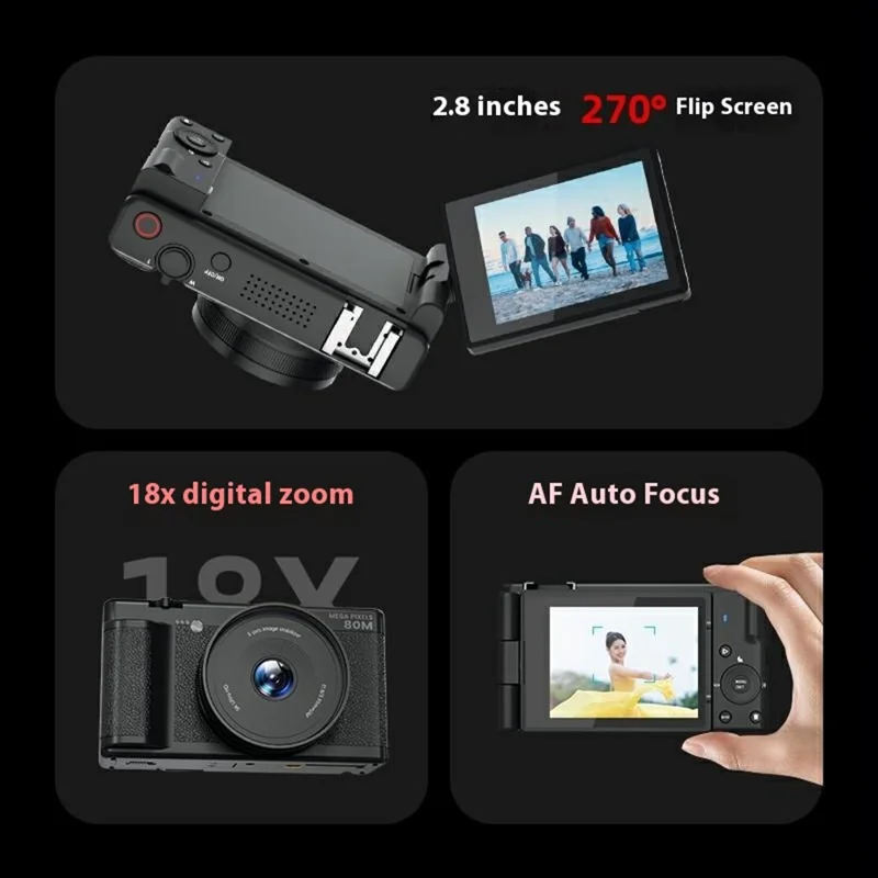 FC003C 2.8 Inch IPS 270 Degree Flip Screen Digital Camera with LED Flash 18X Digital Zoom 5K HD Video Recorder - Black