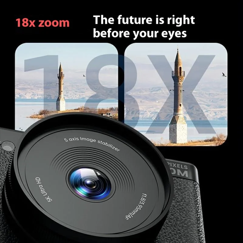 FC003C 2.8 Inch IPS 270 Degree Flip Screen Digital Camera with LED Flash 18X Digital Zoom 5K HD Video Recorder - Black