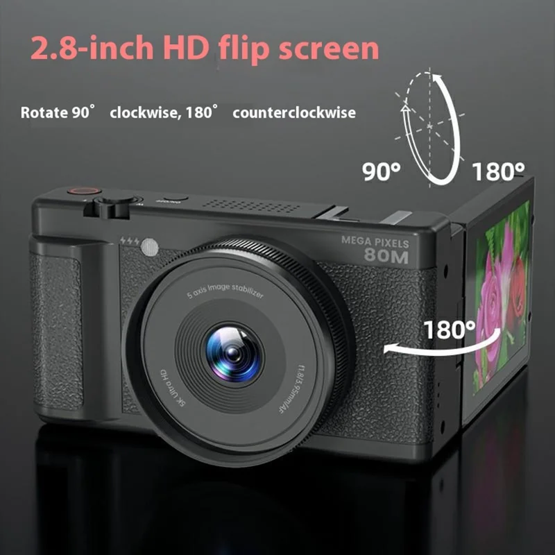 FC003C 2.8 Inch IPS 270 Degree Flip Screen Digital Camera with LED Flash 18X Digital Zoom 5K HD Video Recorder - Black