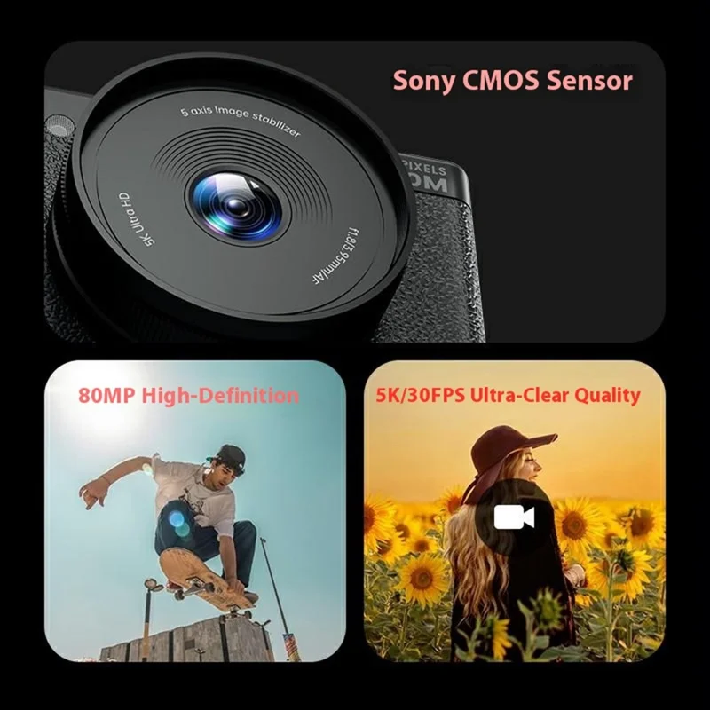 FC003C 2.8 Inch IPS 270 Degree Flip Screen Digital Camera with LED Flash 18X Digital Zoom 5K HD Video Recorder - Black