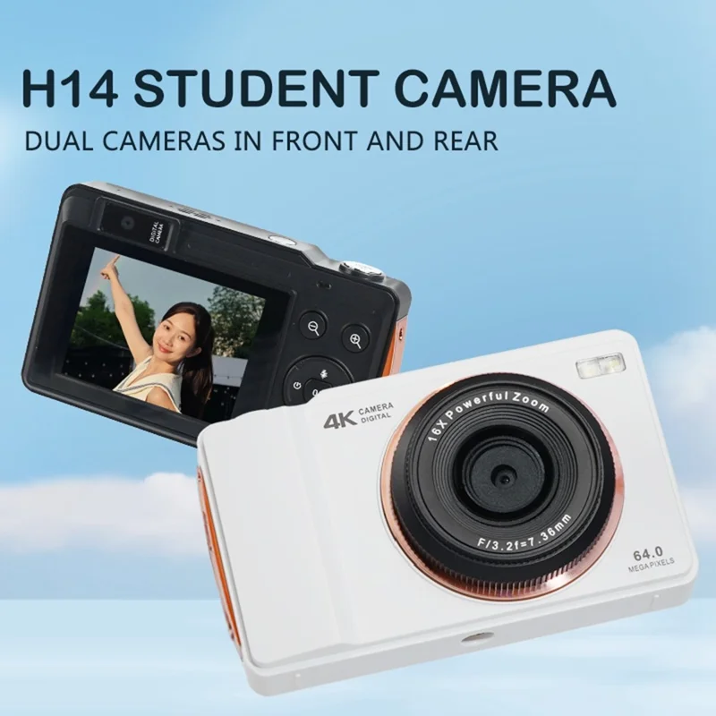 H14 2.4 Inch IPS Screen Retro Digital Camera 16x Zoom Portable Dual Lens CCD with LED Flash - White
