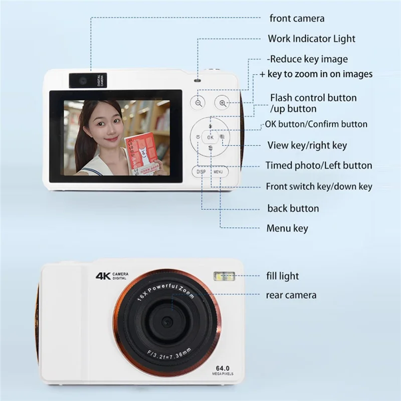H14 2.4 Inch IPS Screen Retro Digital Camera 16x Zoom Portable Dual Lens CCD with LED Flash - White