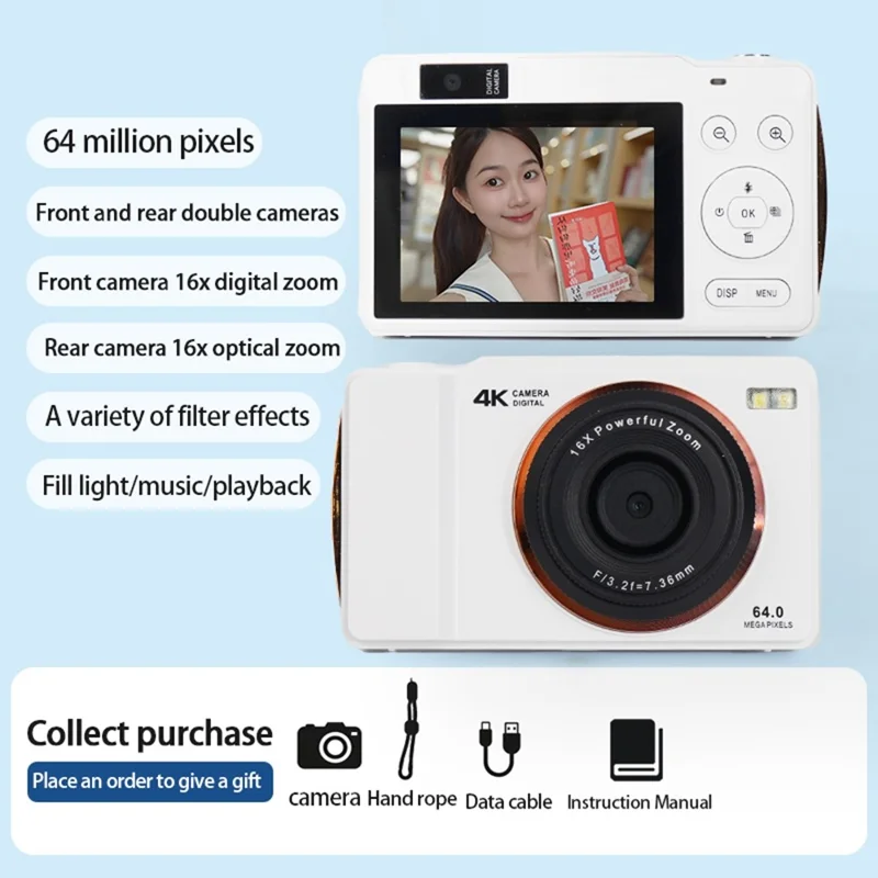 H14 2.4 Inch IPS Screen Retro Digital Camera 16x Zoom Portable Dual Lens CCD with LED Flash - White