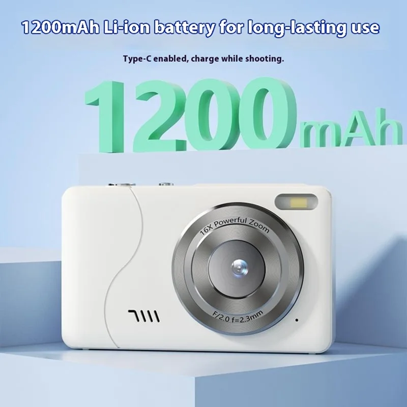 FC002S 2.4 Inch HD Screen Digital Camera Portable 1080P HD Video Recording CCD Built In LED Flash, with 32GB Card + Card Reader - White
