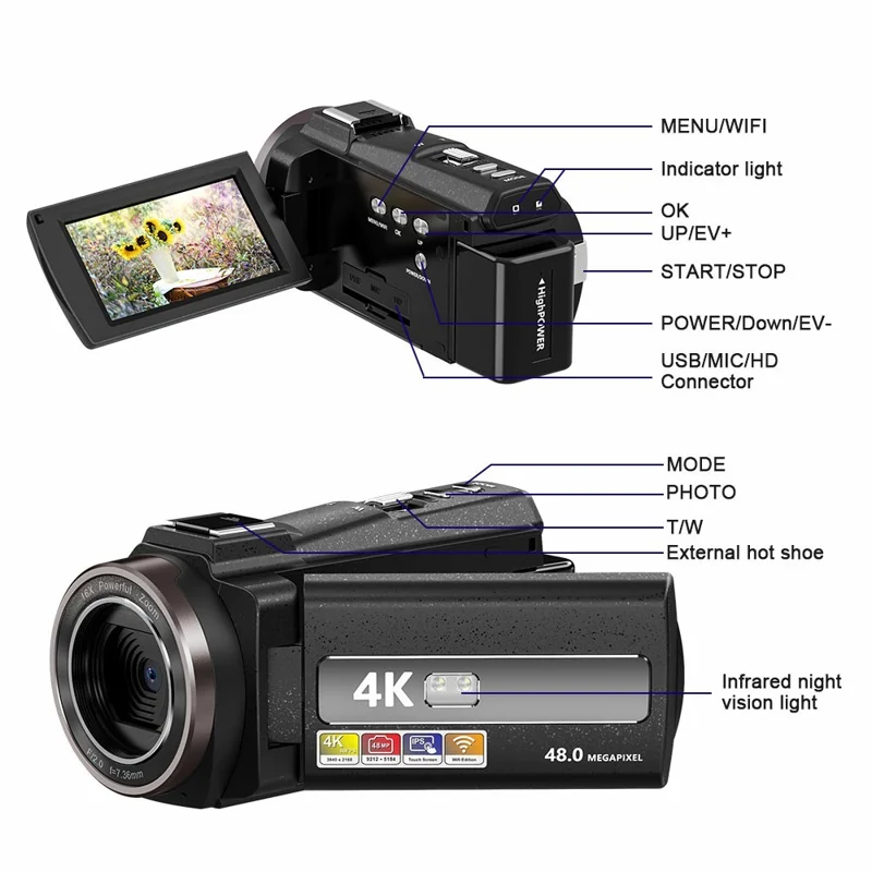 HDV-254KM 3.0 Inch Touch Screen 4K Digital Video Camera Ultra HD 48MP 16X Zoom IR Night Vision Cam, with 32GB Card